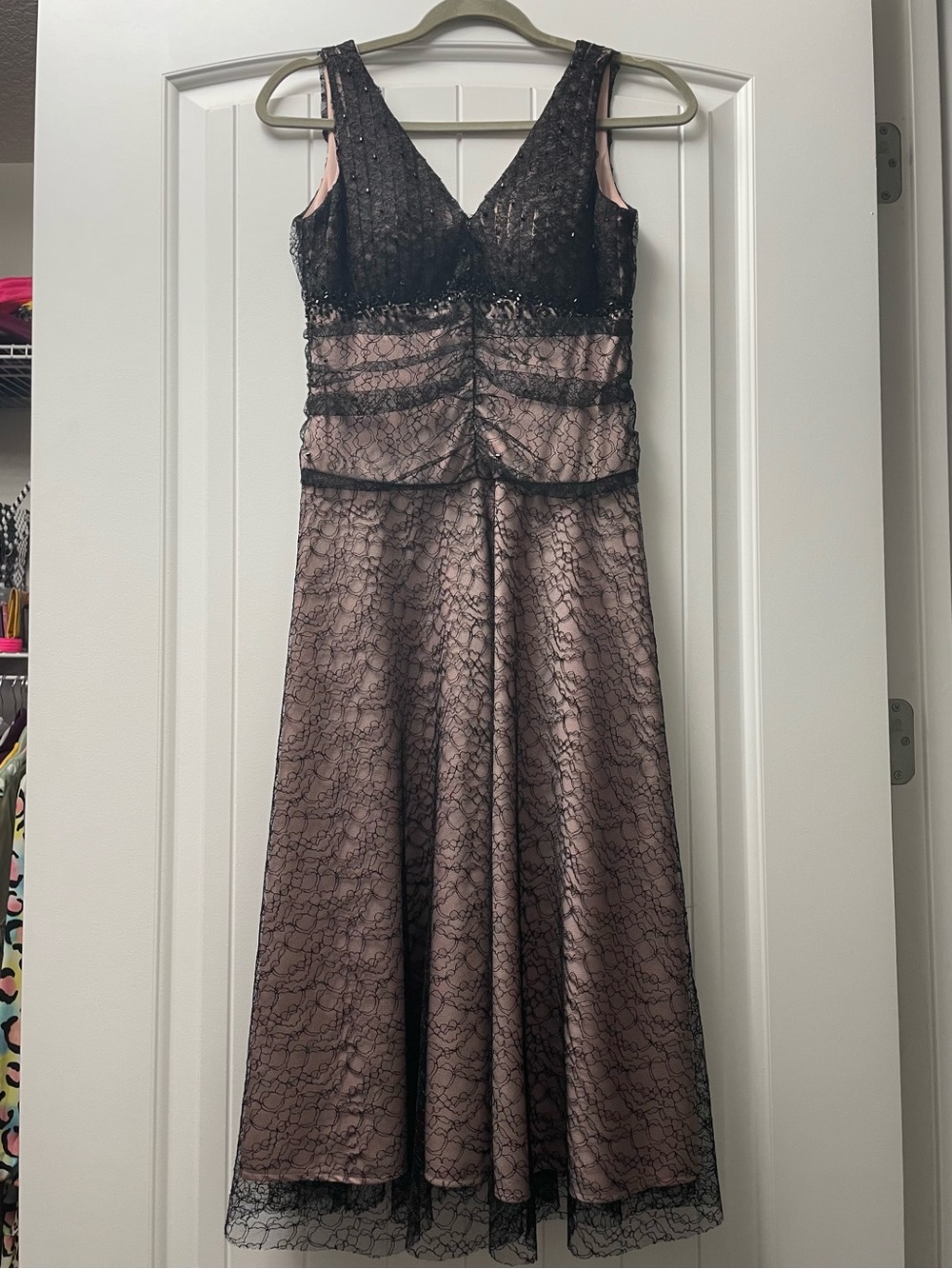 JS Boutique Black Lace Overlay Dress with Blush Lining